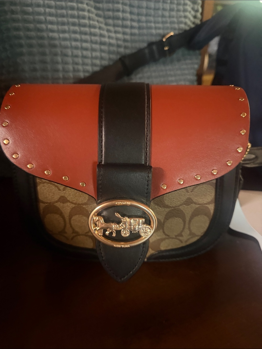 Coach Signature Canvas Crossbody with Red Flap and Black Accents